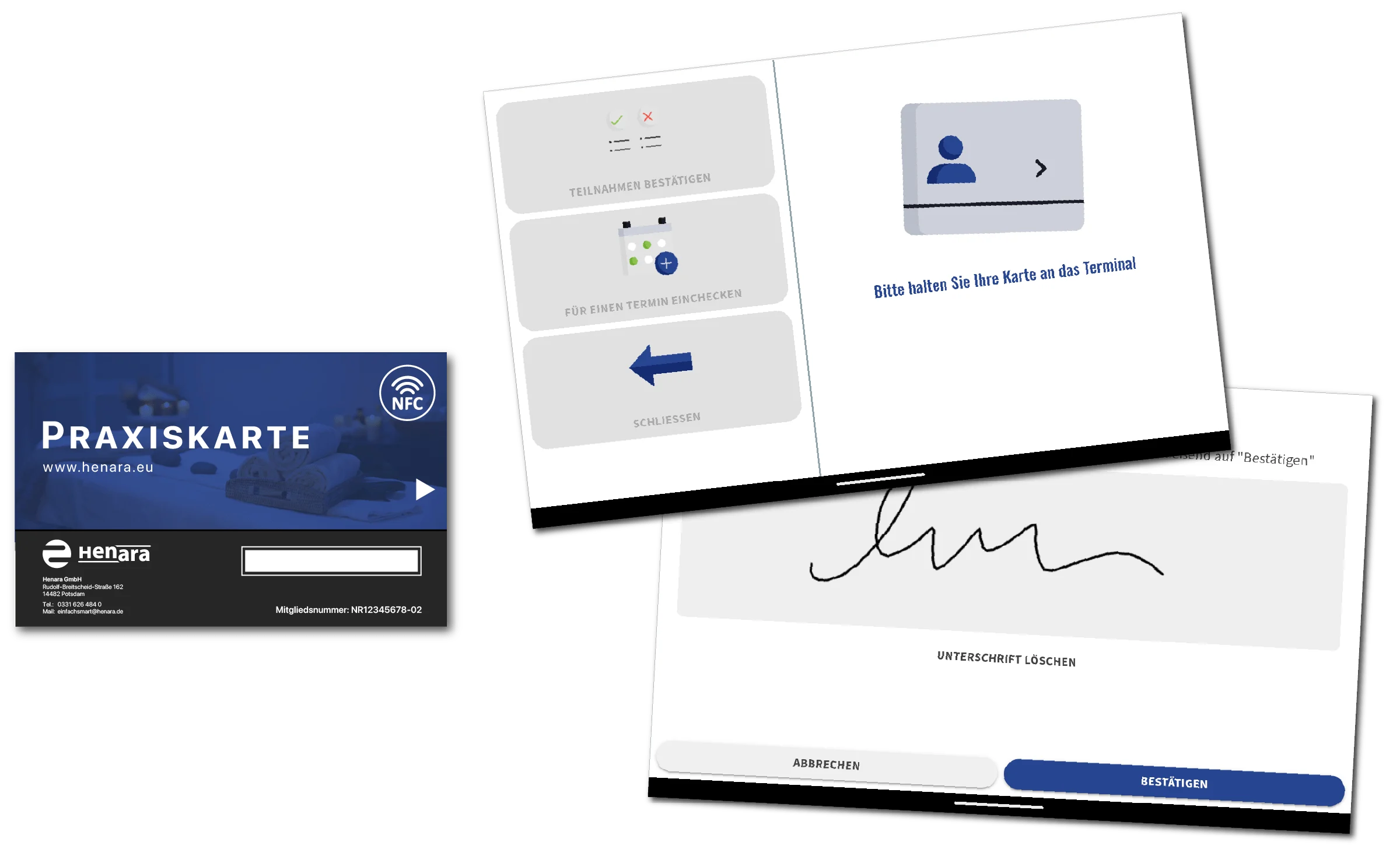 Henara Praxissoftware für Rehasport und Funktionstraining bietet ein Check-in Terminal für mobile Geräte zur digitalen Leistungsbestätigung und Unterschrift