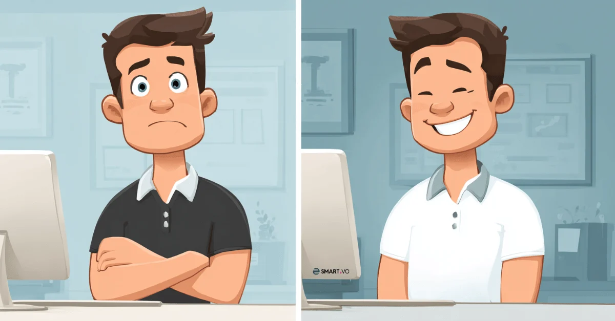 Physiotherapeut vor und nach dem Softwarewechsel Illustration eines Physiotherapeuten am Computer: links frustriert mit verschränkten Armen, rechts entspannt und lächelnd – Symbolbild für den Wechsel zu besserer Praxissoftware.