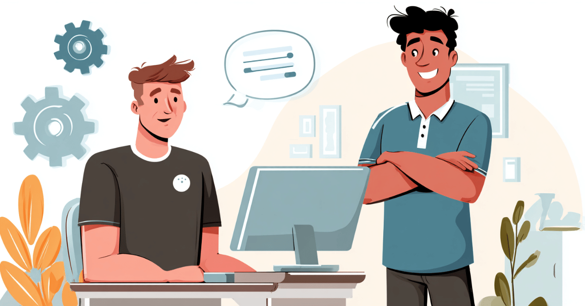 Therapeut sitzt am Schreibtisch, spricht mit einem Kollegen, scannt Unterlagen und arbeitet digital – Symbol für die neue digitale Abrechnung.