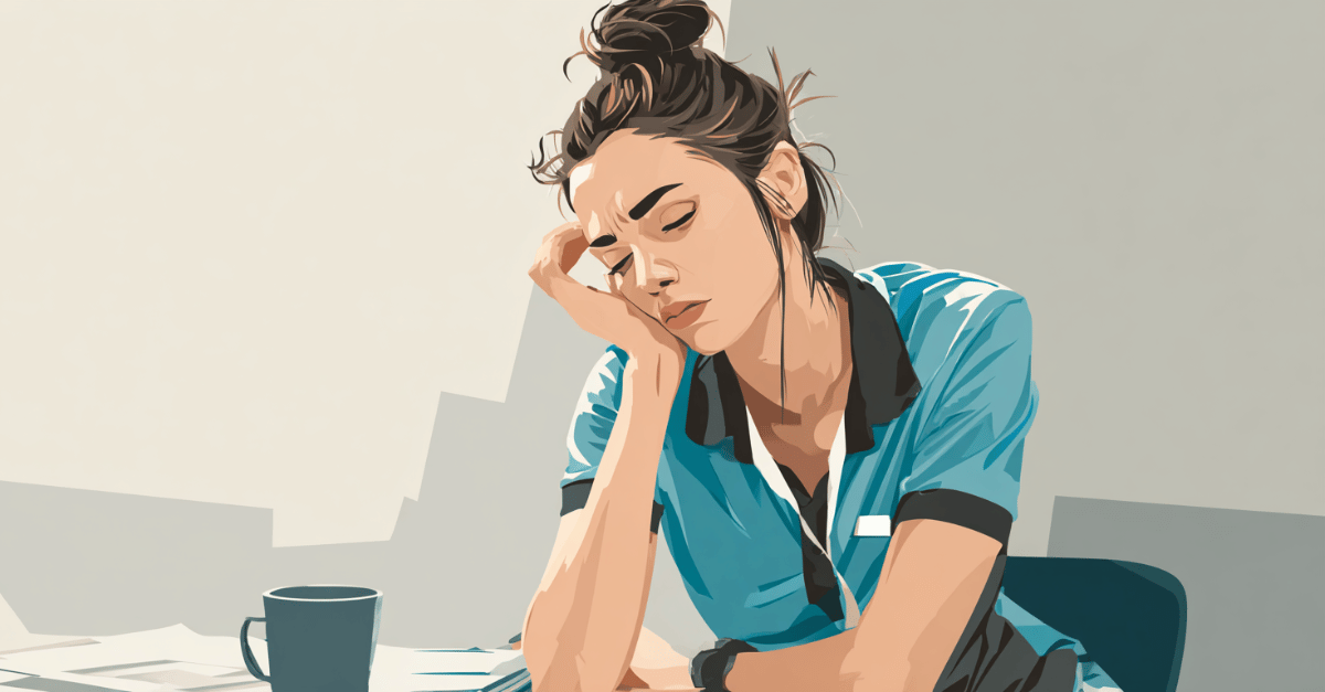 Erschöpfte Therapeutin sitzt am Schreibtisch, stützt den Kopf in der Hand und wirkt müde – Symbolbild für mentale Belastung im Therapiealltag.