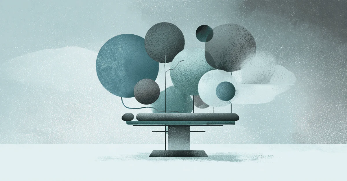 Abstrakte Illustration einer Therapieliege, die von schwebenden Formen umgeben ist und symbolisch für den Druck auf die Heilmittelversorgung steht.