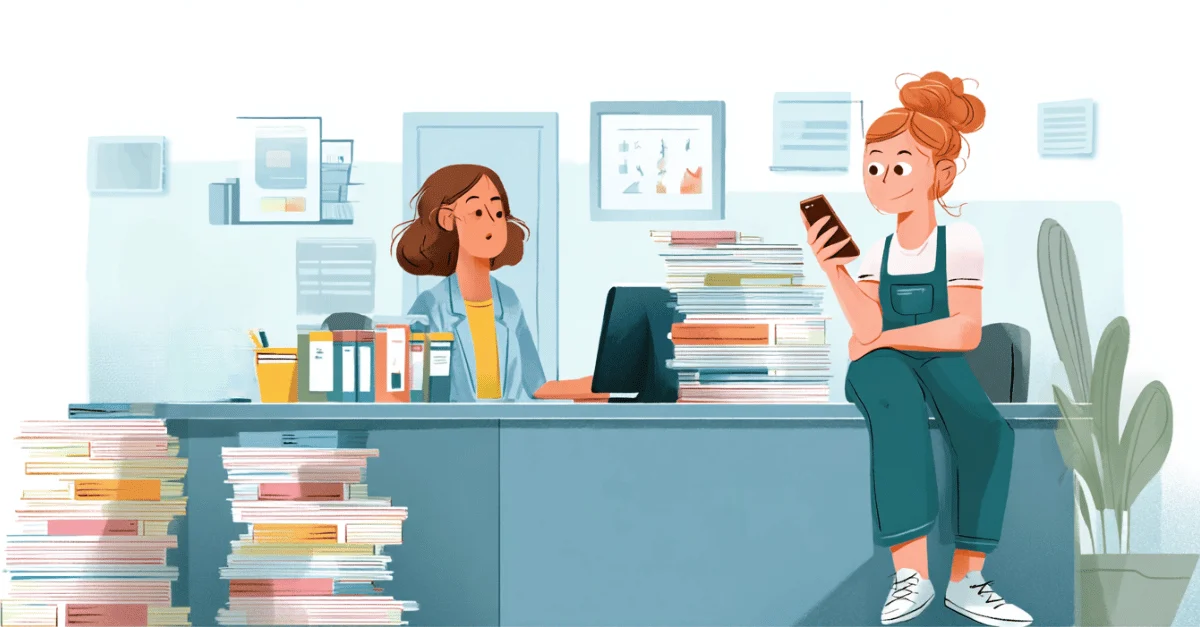 Illustration einer überlasteten Physiopraxis mit Papierstapeln neben einer Patientin, die entspannt ihr Smartphone nutzt – symbolisiert moderne Erwartungen versus reale Praxisstrukturen.