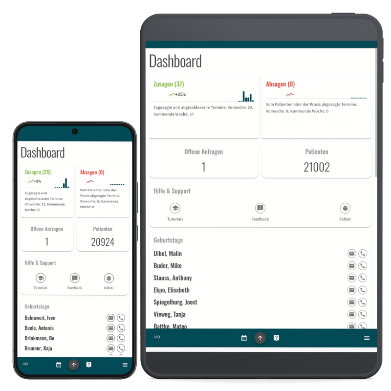 Ansicht vom Dashboard der mobilen Praxissoftware App Henara SMART.VO auf Smartphone und Tablet
