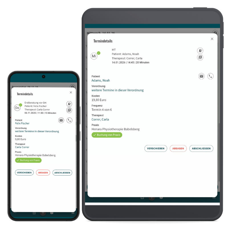 Ansicht der Termindetails in der mobilen VErsion der SMART.VO Praxissoftware