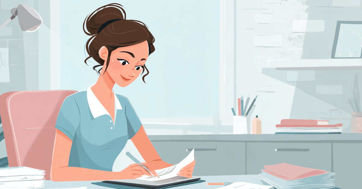 Illustration einer Physiotherapeutin bei der Therapieplanung und Dokumentation im Praxisalltag.