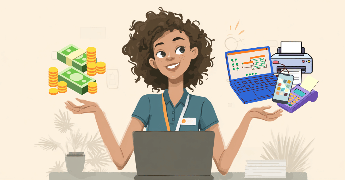 Illustration einer Therapeutin am Laptop, die zwischen Fördermitteln und digitaler Praxisausstattung abwägt – Symbol für Fördermittel 2026 für Therapiepraxen