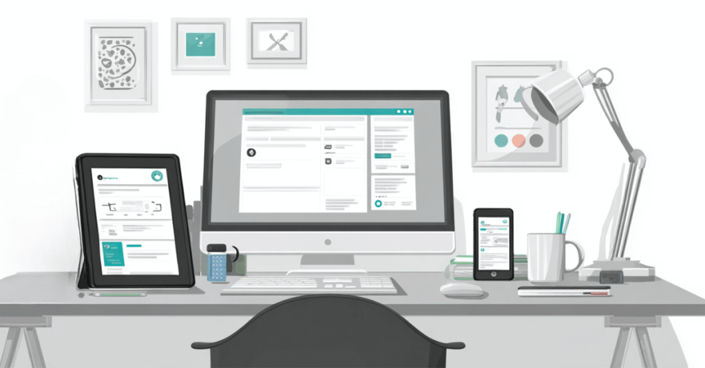 Illustration eines digitalen Arbeitsplatzes mit Praxissoftware auf Desktop, Tablet und Smartphone – Symbol für Digitalisierung von Therapiepraxen 2026