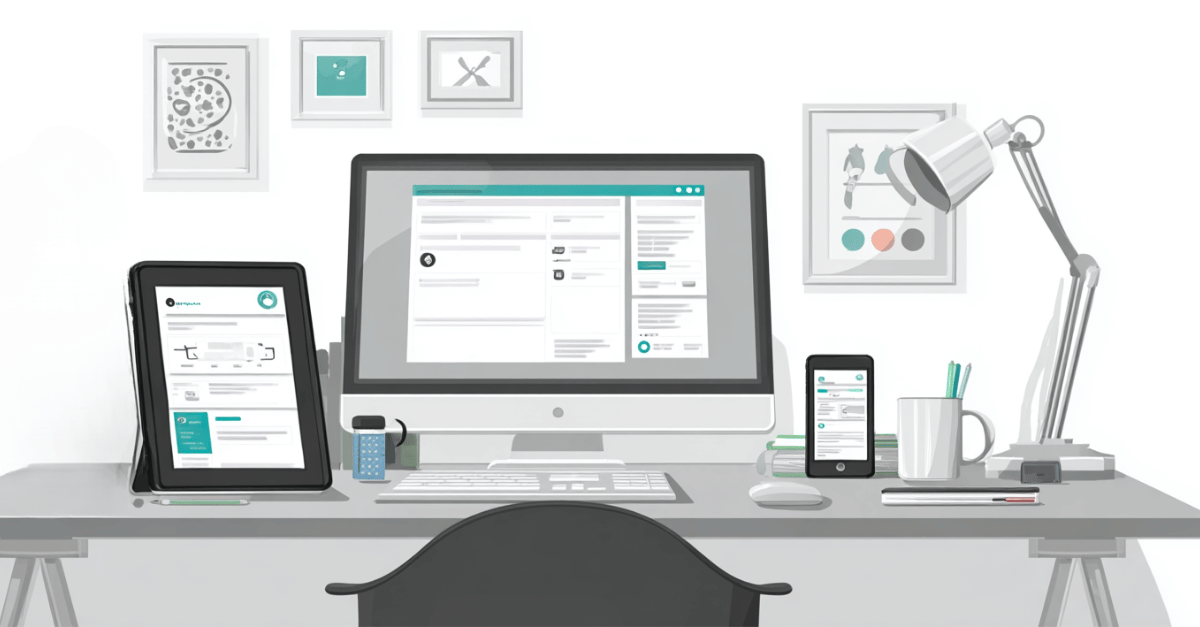 Illustration eines digitalen Arbeitsplatzes mit Praxissoftware auf Desktop, Tablet und Smartphone – Symbol für Digitalisierung von Therapiepraxen 2026