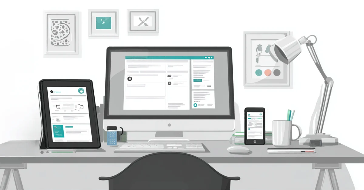 Illustration eines digitalen Arbeitsplatzes mit Praxissoftware auf Desktop, Tablet und Smartphone – Symbol für Digitalisierung von Therapiepraxen 2026