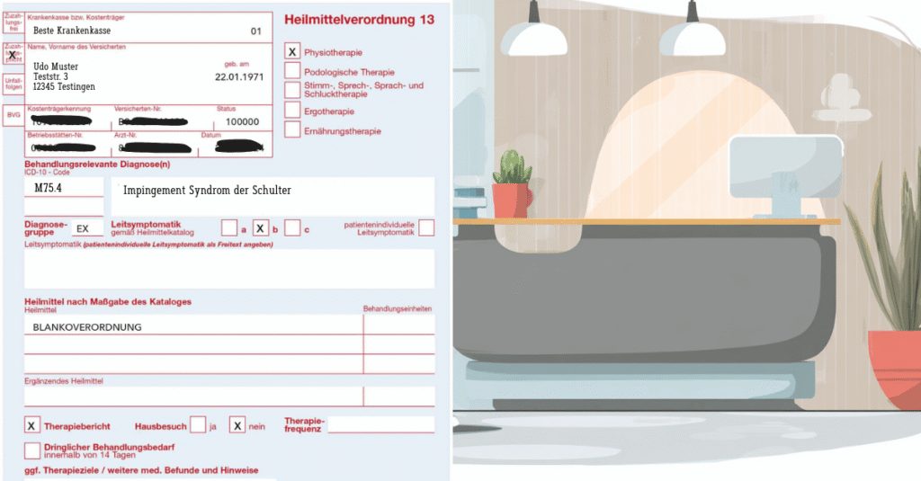 Heilmittelverordnung Muster 13 mit Blankoverordnung für die Diagnosegruppe EX neben einer Illustration aus dem Praxisalltag einer Physiotherapiepraxis.