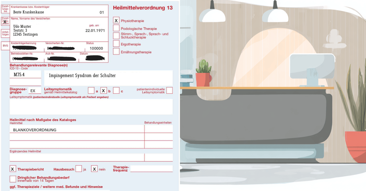 Heilmittelverordnung Muster 13 mit Blankoverordnung für die Diagnosegruppe EX neben einer Illustration aus dem Praxisalltag einer Physiotherapiepraxis.