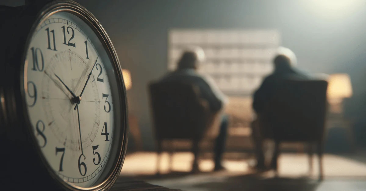 Große Uhr im Vordergrund, zwei unscharfe Personen im Hintergrund – Symbol für politische Zeitlogik und langfristige Wirkung im Gesundheitssystem.