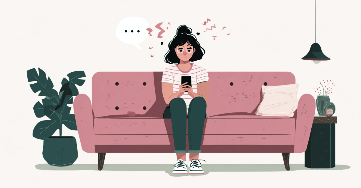 Junge Frau mit Smartphone zögert vor einem Anruf – Symbolbild für Telefonangst und fehlende Online-Terminbuchung in Therapiepraxen