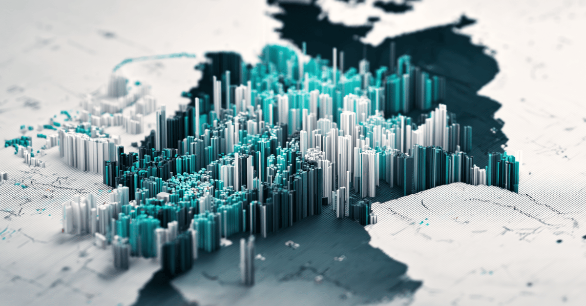 Datenvisualisierung einer Deutschlandkarte mit unterschiedlich hohen Balken zur Darstellung regionaler Unterschiede in der Heilmittelversorgung.