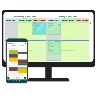 Darstellung der Online-Terminbuchung für Therapeuten auf Smartphone und Desktop in der Henara Praxissoftware