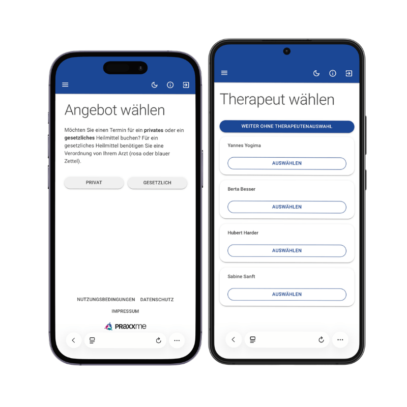 Ansicht auf dem Smartphone der Auswahl Heilmittel und Therapeut in der Online Terminbuchung von Henara
