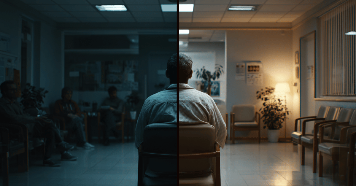 Patient im Wartezimmer im Vergleich: lange Wartezeit versus direkte Versorgung in der Therapie beim Direktzugang