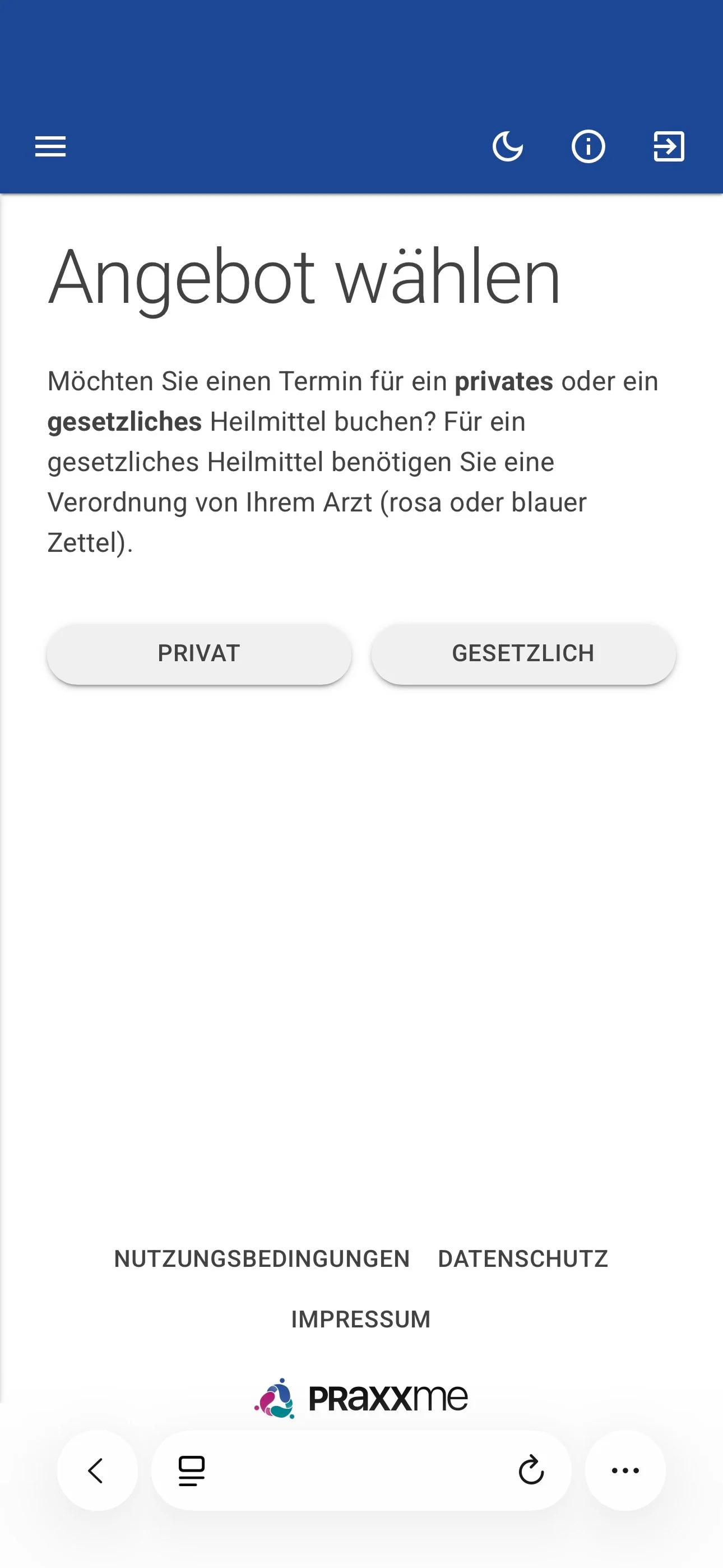 Auswahl eines Angebots in der PRAXX.ME Online-Terminbuchung