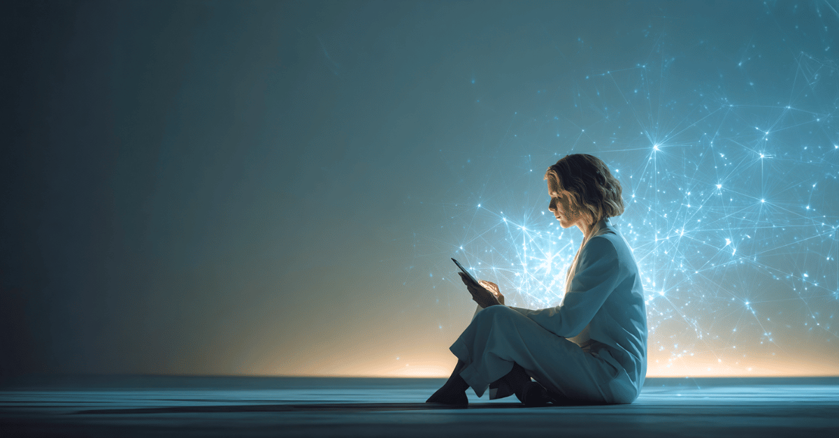 Therapeut sitzt mit Tablet vor digitalem Terminkalender, im Hintergrund symbolisches Netzwerk für externe Einflussnahme