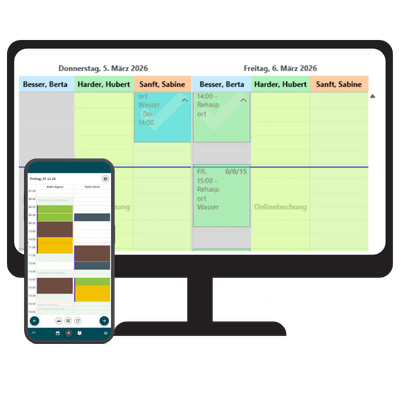 Darstellung der Online-Terminbuchung für Therapeuten auf Smartphone und Desktop in der Henara Praxissoftware