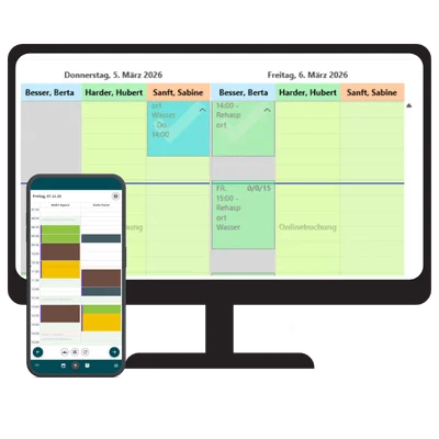 Darstellung der Online-Terminbuchung für Therapeuten auf Smartphone und Desktop in der Henara Praxissoftware
