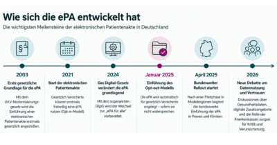 Wie sich die elektronische Patientenakte in Deutschland entwickelt hat Timeline zur Entwicklung der elektronischen Patientenakte (ePA) in Deutschland von 2003 bis 2026 mit Einführung des Opt-out-Modells und aktueller Debatte um Gesundheitsdaten.