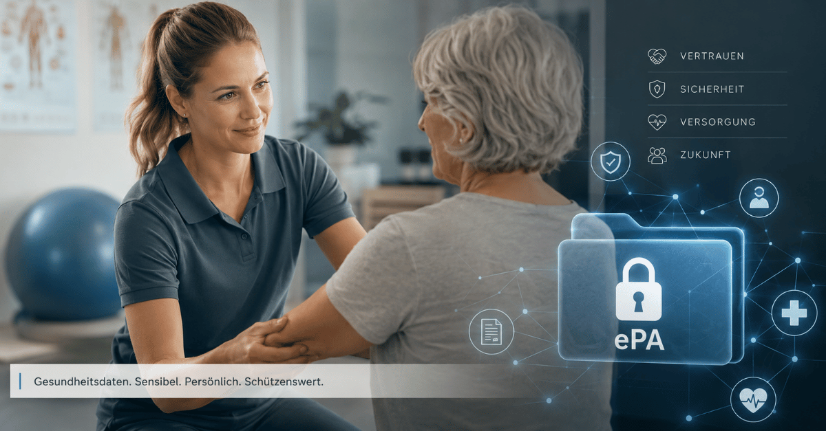 Therapeutin im Gespräch mit einer Patientin vor digitaler ePA-Darstellung – Symbolbild für Vertrauen, Datenschutz und Gesundheitsdaten im modernen Gesundheitswesen.