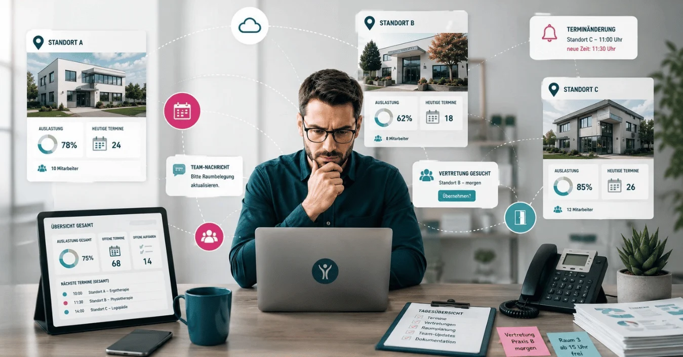 Modernes Titelbild für einen Artikel über die Organisation mehrerer Praxisstandorte. Ein Praxisinhaber arbeitet konzentriert an einem Laptop, während digitale Übersichten zu Terminen, Auslastung, Vertretungen und verschiedenen Standorten einer Therapiepraxis eingeblendet werden.