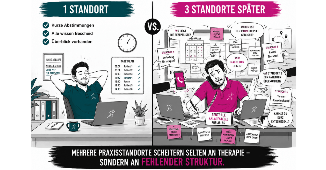 Illustration einer Therapiepraxis im Vergleich: Links ein entspannter Praxisalltag mit einem Standort und klaren Abläufen, rechts organisatorisches Chaos nach Wachstum auf drei Praxisstandorte mit klingelnden Telefonen, Haftnotizen, Terminproblemen und überlastetem Praxisinhaber. Die Grafik zeigt, wie fehlende Struktur bei mehreren Praxisstandorten schnell zu organisatorischen Problemen führt.