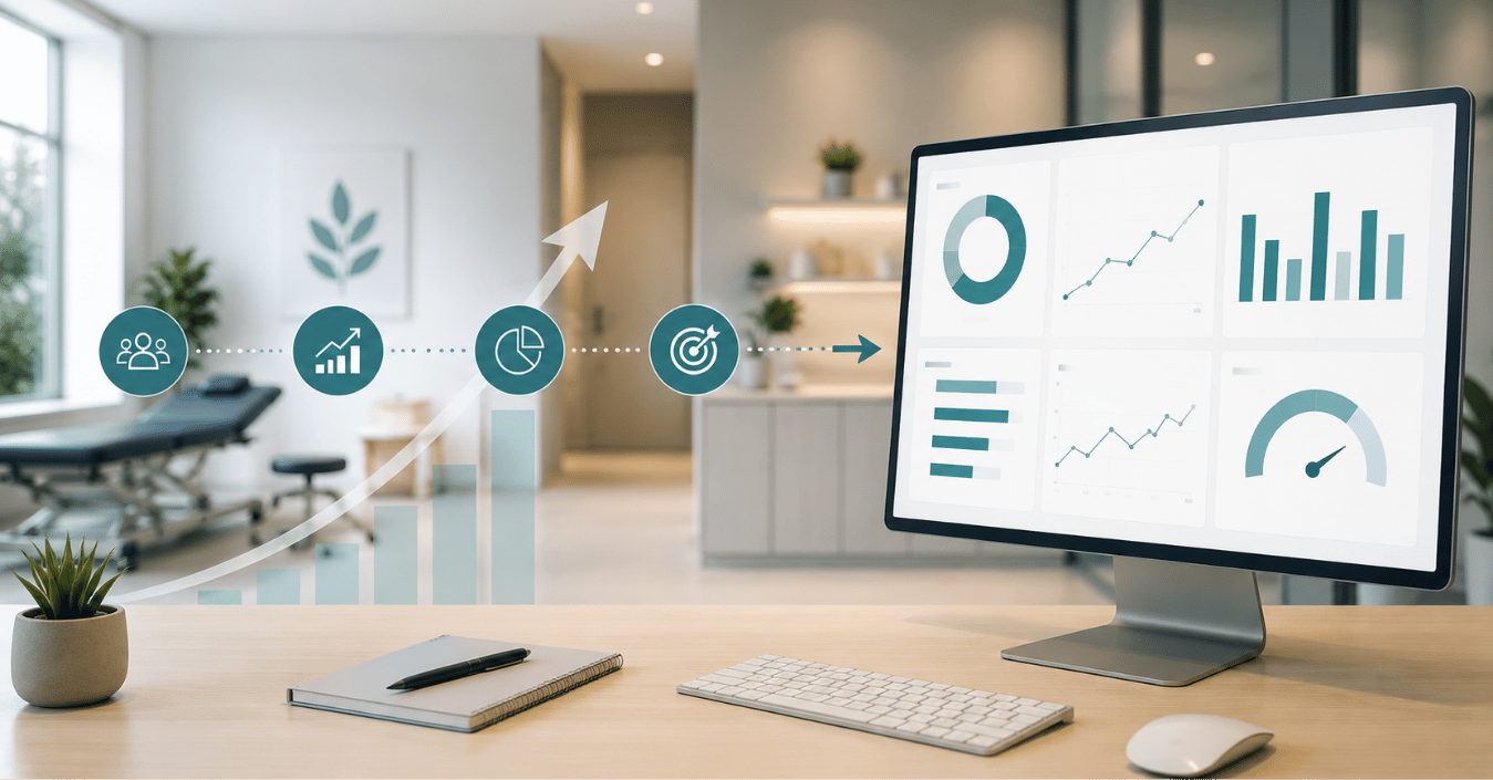 Modernes Headerbild zum Praxiswachstum in Therapiepraxen mit Dashboard, Kennzahlen, Wachstumskurve und digitaler Steuerung in einer modernen Therapiepraxis.