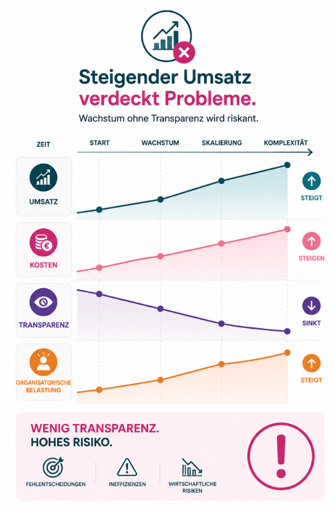 Warum fehlende Transparenz in wachsenden Therapiepraxen riskant wird Infografik zum Praxiswachstum in Therapiepraxen: steigender Umsatz, steigende Kosten und sinkende Transparenz erhöhen das wirtschaftliche Risiko wachsender Praxen.