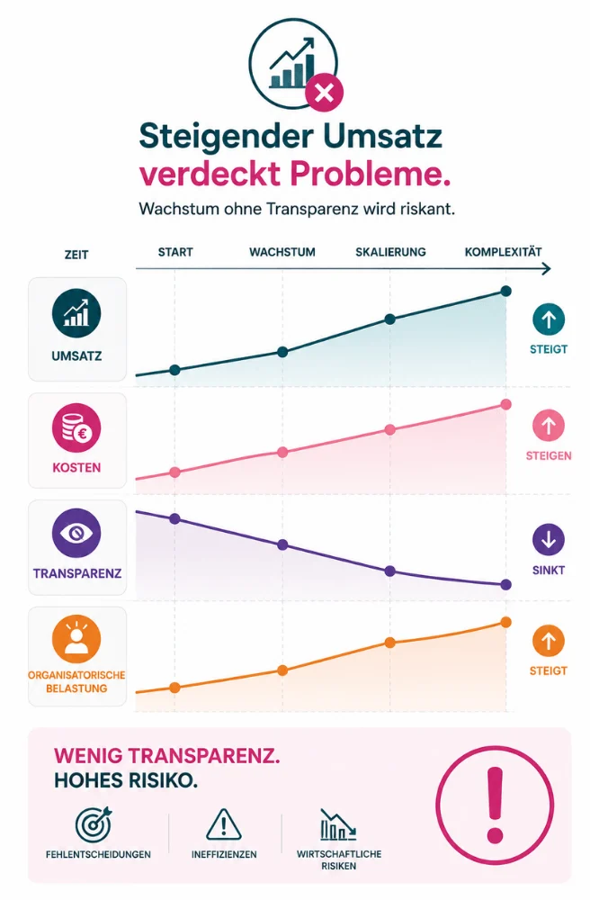Warum fehlende Transparenz in wachsenden Therapiepraxen riskant wird Infografik zum Praxiswachstum in Therapiepraxen: steigender Umsatz, steigende Kosten und sinkende Transparenz erhöhen das wirtschaftliche Risiko wachsender Praxen.