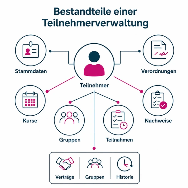 Infografik zu den Bestandteilen einer Teilnehmerverwaltung für Kurse, Rehasport und Funktionstraining mit Stammdaten, Verordnungen, Kursen, Gruppen, Teilnahmen, Nachweisen, Verträgen und Historie.
