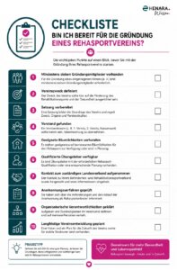 Checkliste zur Gründung eines Rehasportvereins mit den wichtigsten Voraussetzungen wie Gründungsmitglieder, Satzung, Vorstand, Übungsleiter, Anerkennung und Vereinsorganisation.