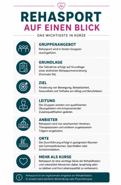 Rehasport auf einen Blick – Die wichtigsten Fakten für Therapiepraxen Infografik „Rehasport auf einen Blick“ mit den wichtigsten Fakten zu Rehasport, Rehasportverordnung, Übungsleitern, Anbietern, Zielen und Durchführungsorten.