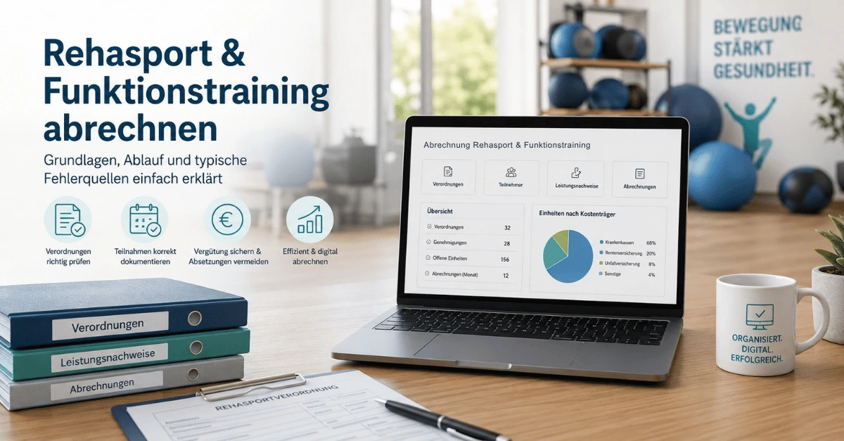 Therapiepraxis mit Laptop zur Abrechnung von Rehasport und Funktionstraining. Das Bild symbolisiert Verordnung, Leistungsbestätigung, Dokumentation und digitale Abrechnung von Rehasportkursen.