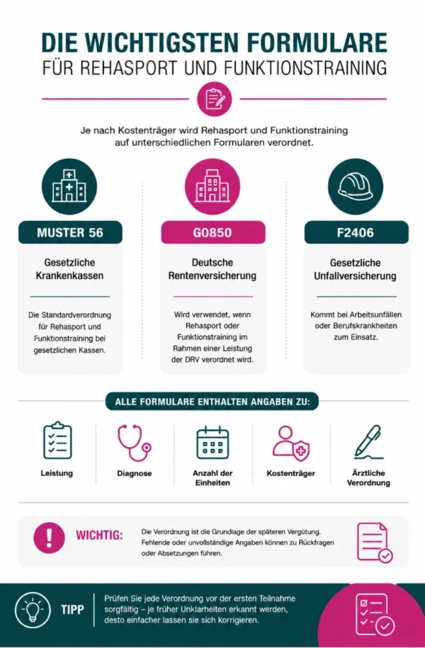 Die wichtigsten Formulare für Rehasport und Funktionstraining | Muster 56, G0850 und F2406 Infografik zu den wichtigsten Formularen für Rehasport und Funktionstraining. Dargestellt werden Muster 56 für gesetzliche Krankenkassen, G0850 für die Deutsche Rentenversicherung und F2406 für die gesetzliche Unfallversicherung sowie die wichtigsten Inhalte einer Verordnung.