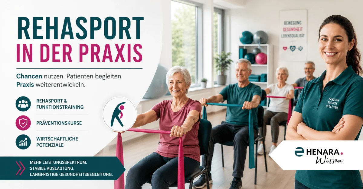Rehasportgruppe in einer Therapiepraxis mit Kursleiterin und Teilnehmern während eines Bewegungsprogramms.