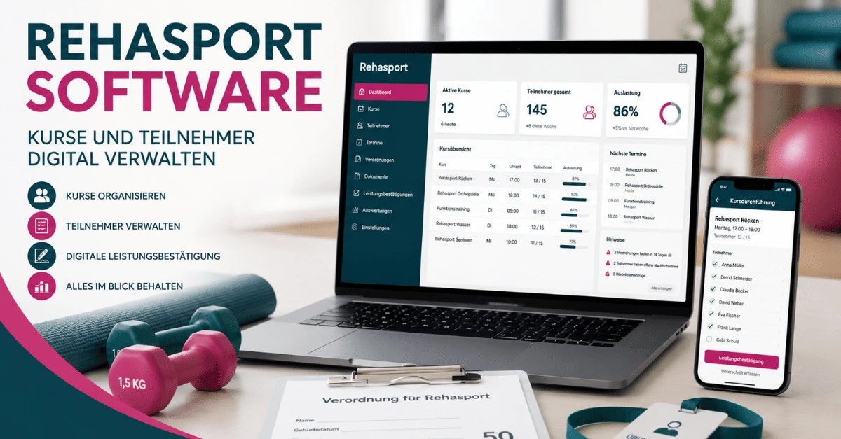 Moderne Rehasport Software zur digitalen Verwaltung von Kursen, Teilnehmern und Leistungsbestätigungen in Therapiepraxen und Rehasportvereinen.