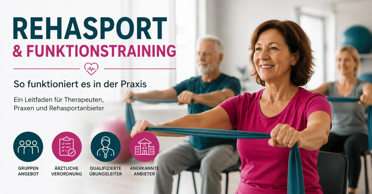 Teilnehmer einer Rehasportgruppe trainieren unter Anleitung in einer Therapiepraxis. Das Bild zeigt Rehasport und Funktionstraining als Gruppenangebot der Rehabilitation.