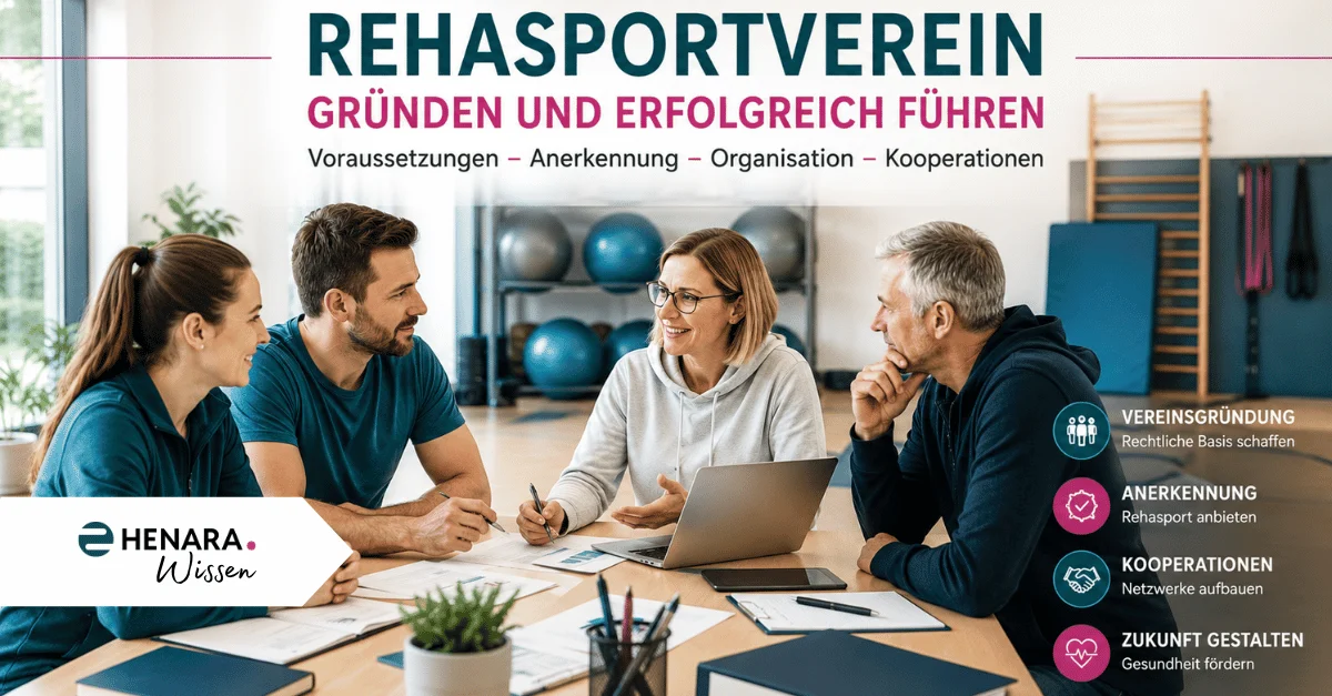 Vier Personen planen die Gründung eines Rehasportvereins in einem modernen Bewegungsraum. Auf dem Tisch liegen Vereinsunterlagen, Laptop und Organisationsdokumente.