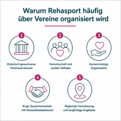 Warum Rehasport häufig über Vereine organisiert wird Warum Rehasport in Deutschland häufig über Vereine organisiert wird – Infografik zu Vereinsstrukturen, Gemeinnützigkeit, sozialer Teilhabe, Netzwerken und regionaler Versorgung.