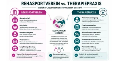 Rehasportverein oder Therapiepraxis – Vergleich der Organisationsformen Vergleichsgrafik Rehasportverein vs. Therapiepraxis mit den wichtigsten Unterschieden bei Gemeinschaft, Mitgliederstruktur, Gemeinnützigkeit, Patientenversorgung, Praxisorganisation und möglichen Kooperationsmodellen.