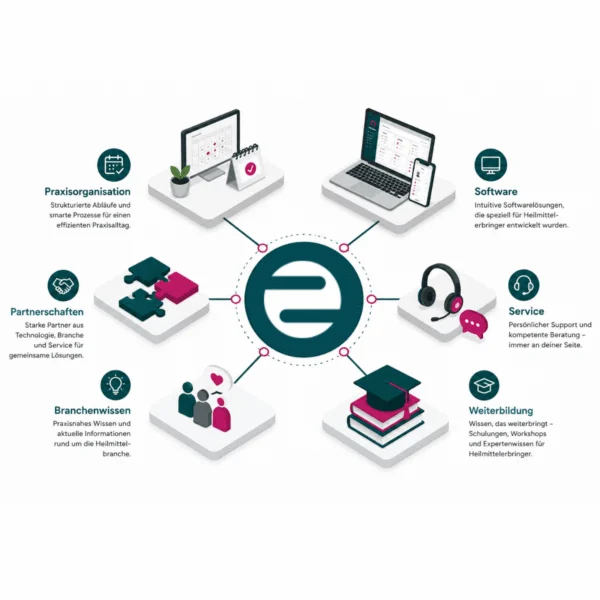 HENARA – Software, Service und Branchenwissen für Heilmittelerbringer Grafische Übersicht der Unternehmensbereiche von HENARA mit Software, Service, Praxisorganisation, Branchenwissen, Weiterbildung und Partnerschaften.