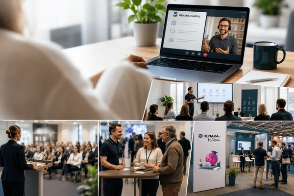 Veranstaltungen, Webinare und Workshops von HENARA Collage mit Webinar, Workshop, Messe und Fachvortrag von HENARA für Therapiepraxen und das Gesundheitswesen