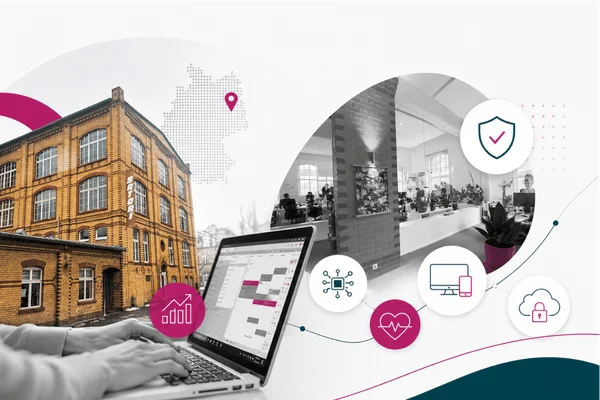 Unternehmenssitz von HENARA in Potsdam sowie moderne Praxissoftware und Unternehmenswerte für Heilmittelerbringer