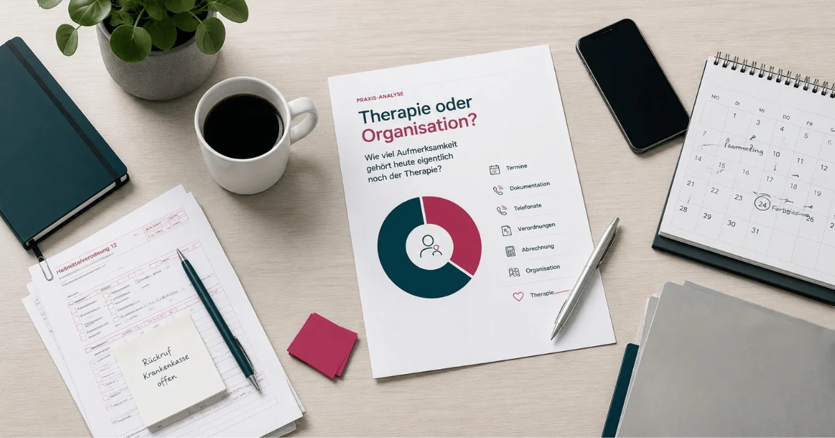 Praxis-Analyse für Therapiepraxen mit Dokumenten, Kalender, Verordnung und Therapieutensilien als Symbol für den modernen Praxisalltag zwischen Therapie und Organisation.