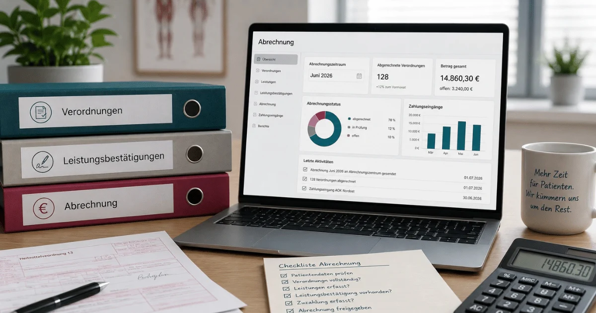 Arbeitsplatz zur Abrechnung in einer Therapiepraxis mit Heilmittelverordnung, Leistungsbestätigung und Praxissoftware