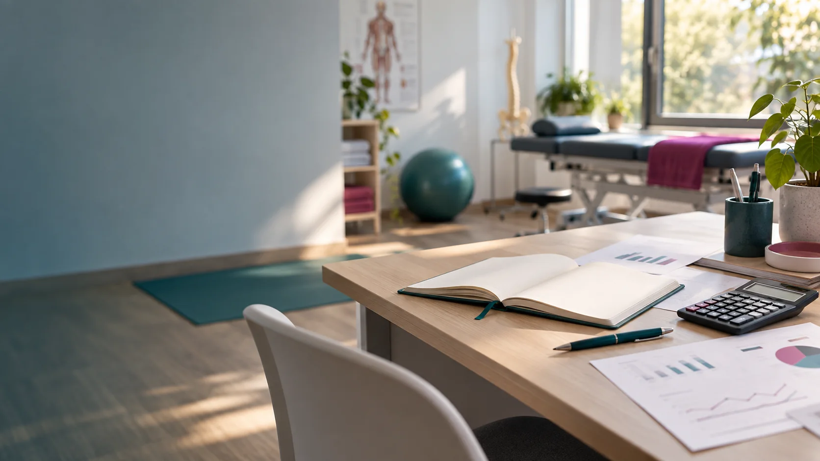 Planung eines Businessplans für eine Therapiepraxis mit Notizbuch, Rechner und Unterlagen