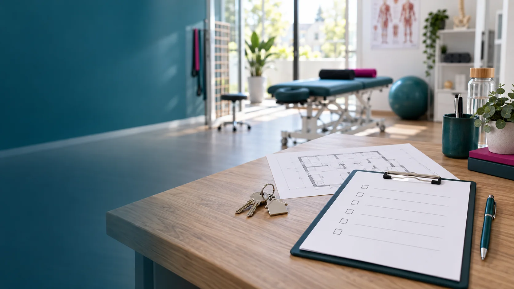 Checkliste, Grundriss und Schlüssel auf dem Tisch einer Therapiepraxis